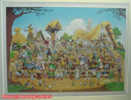 Tutti gli abitanti del villaggio di Asterix in un disegno di Uderzo